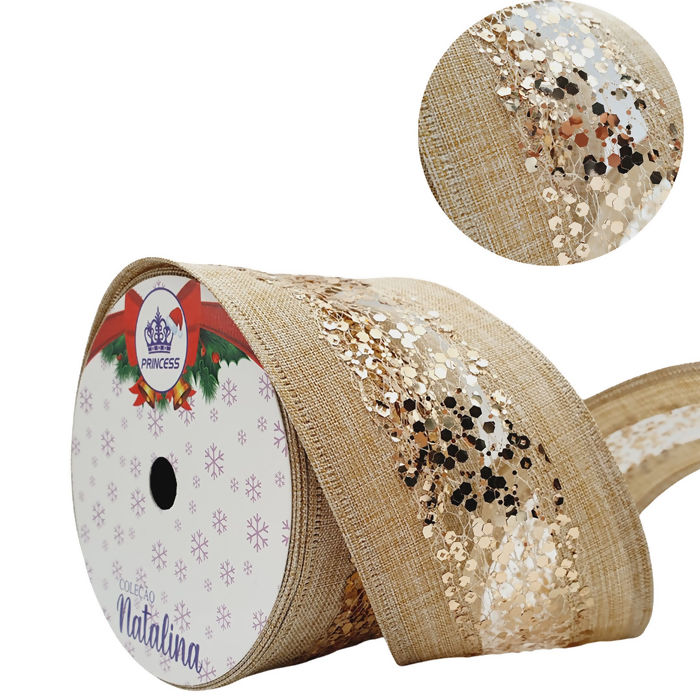 Fita Natalina 60mm x 10Metros Dourada Com Glitter