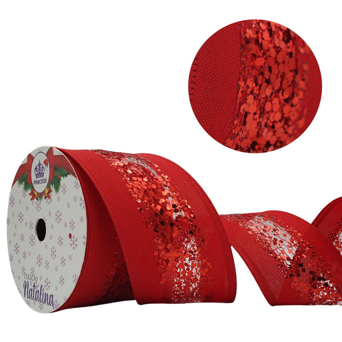 Fita Natalina 60mm x 10Metros Vermelho Com Glitter