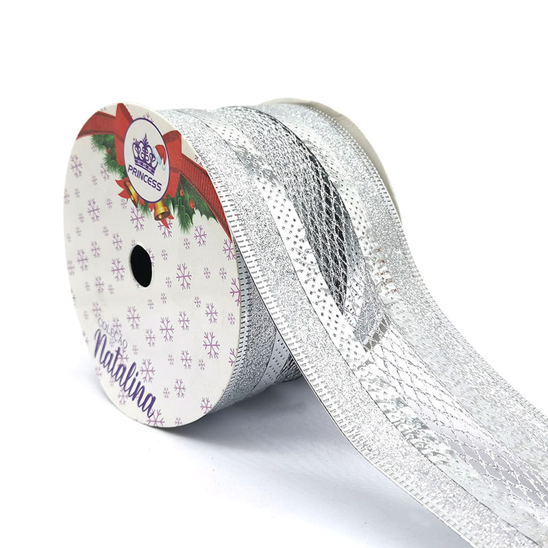 Fita Natalina 60mm x 10Metros Prata Metalizada