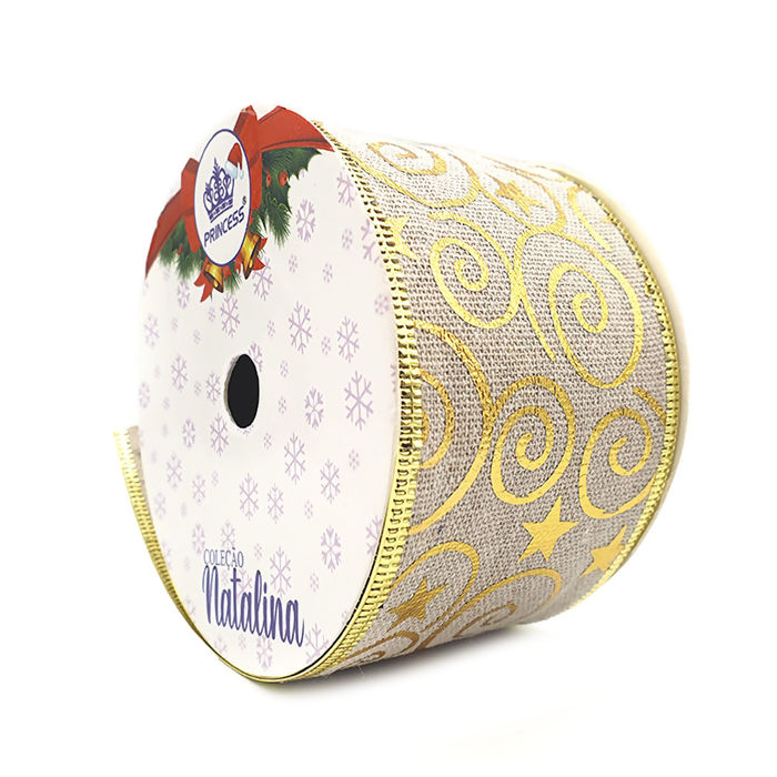 Fita Natalina 63mm x 10Metros Juta com Dourado
