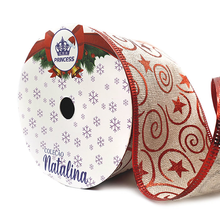 Fita Natalina 63mm x 10Metros Juta com Vermelho